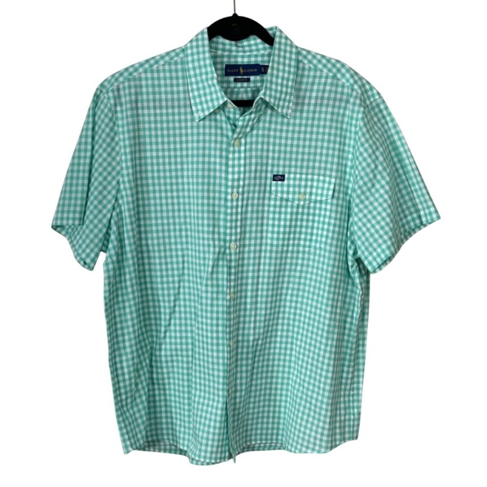 Ralph Lauren Classic Fit Shirt Button Down Size XL Green Gingham Short Sleeve